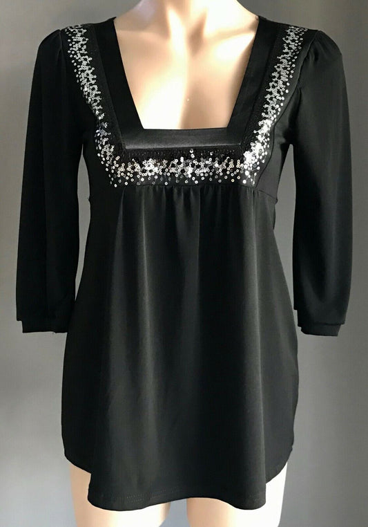 MISS ME Black 3/4 Sleeve Stretch Top Black & Silver Sequin Trim Size 10 12 NEW