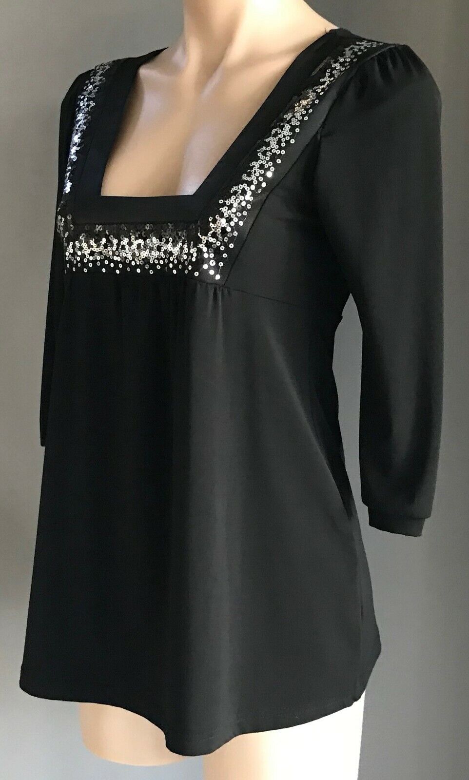 MISS ME Black 3/4 Sleeve Stretch Top Black & Silver Sequin Trim Size 10 12 NEW