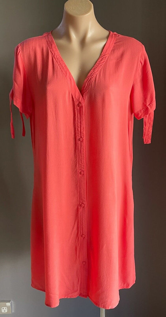 JACQUELINE de YONG Shift Dress Coral Red Short Tie Sleeve Button Front Size 10
