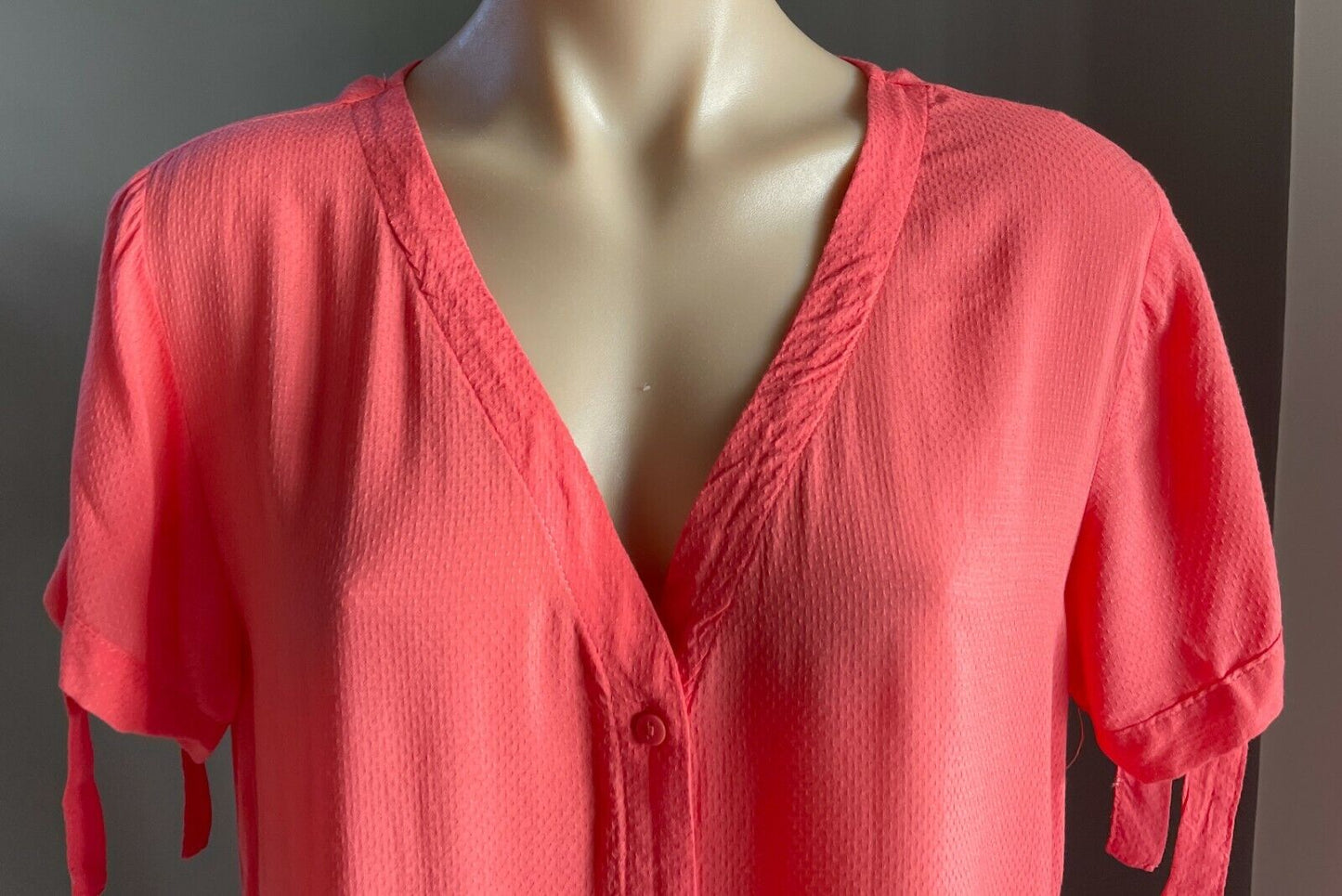JACQUELINE de YONG Shift Dress Coral Red Short Tie Sleeve Button Front Size 10