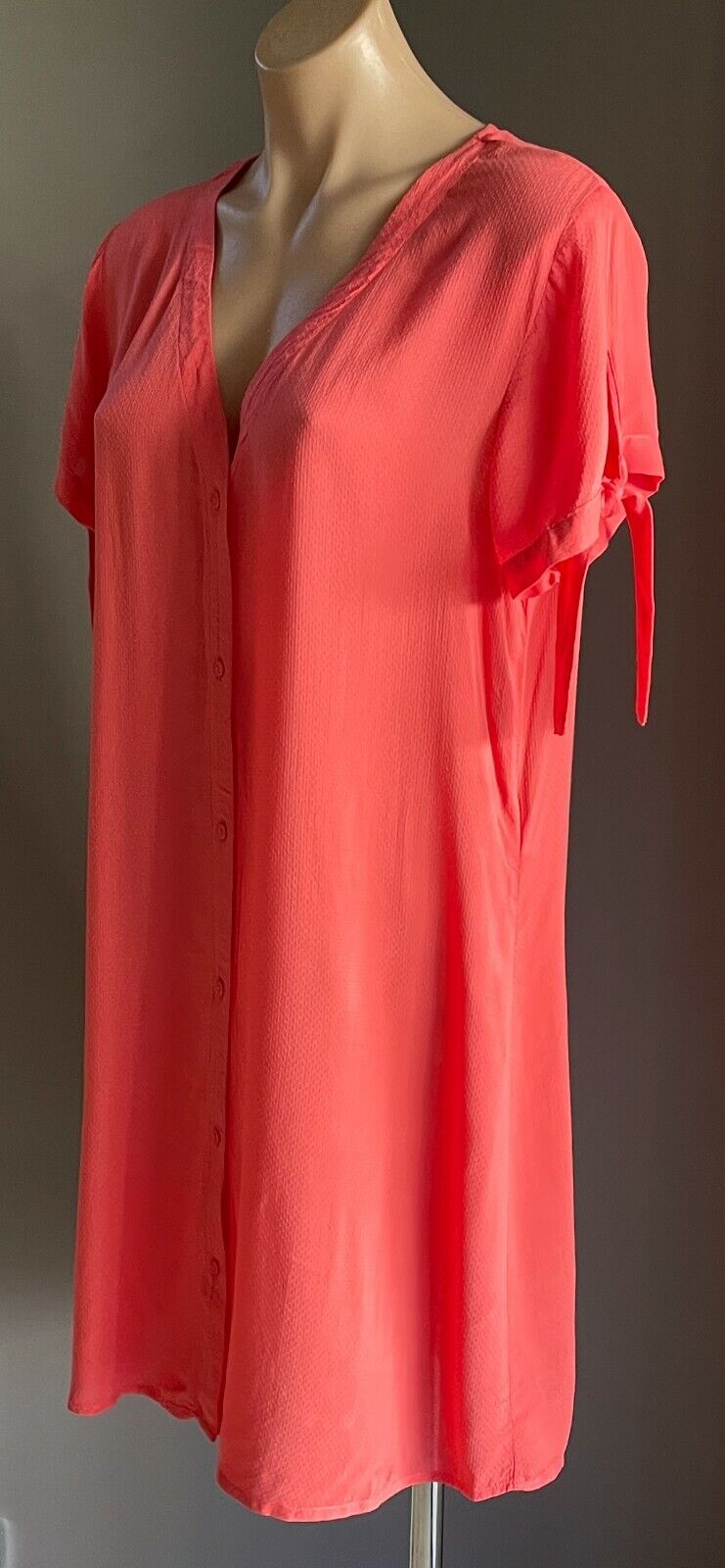 JACQUELINE de YONG Shift Dress Coral Red Short Tie Sleeve Button Front Size 10