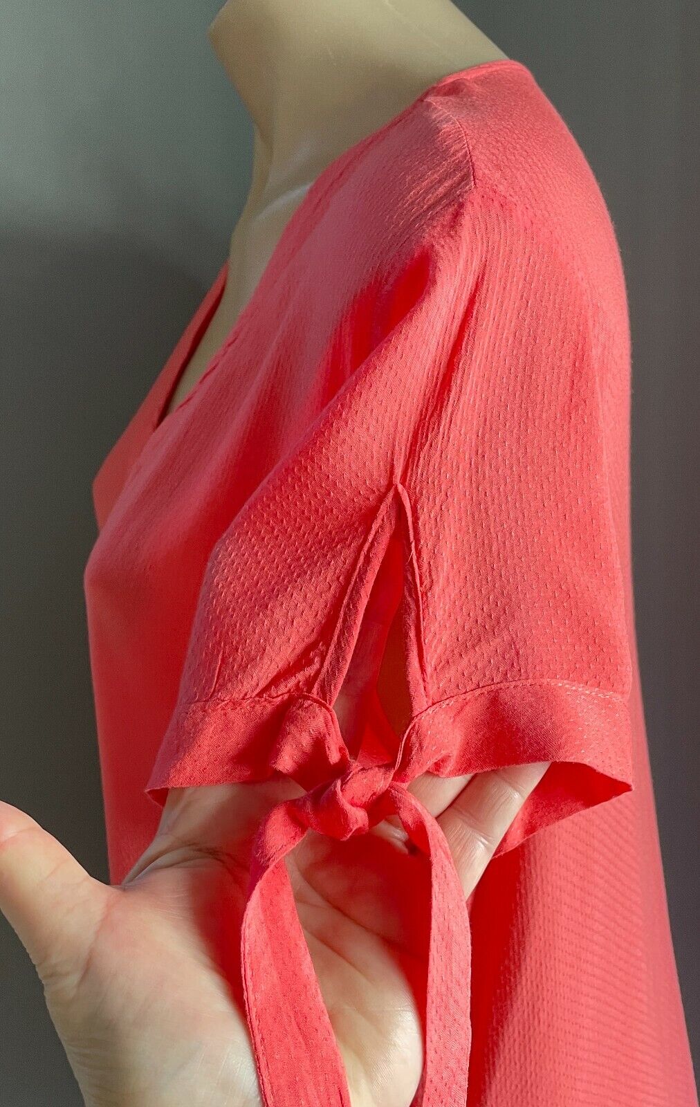 JACQUELINE de YONG Shift Dress Coral Red Short Tie Sleeve Button Front Size 10
