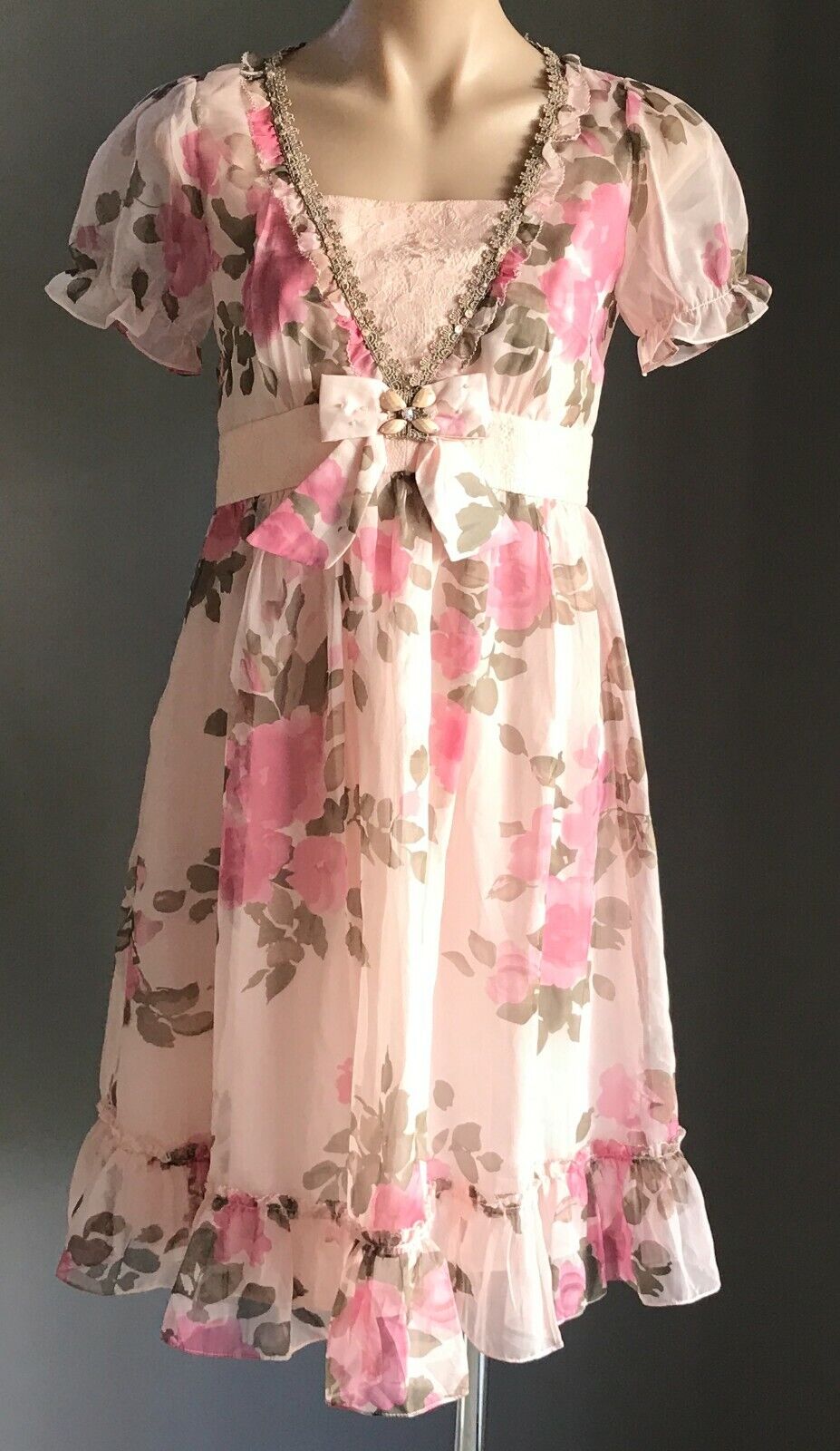 ANNA LICE Dress Pink Floral Short Sleeve Sheath Lace & Sequin Trim Size S 10 NEW