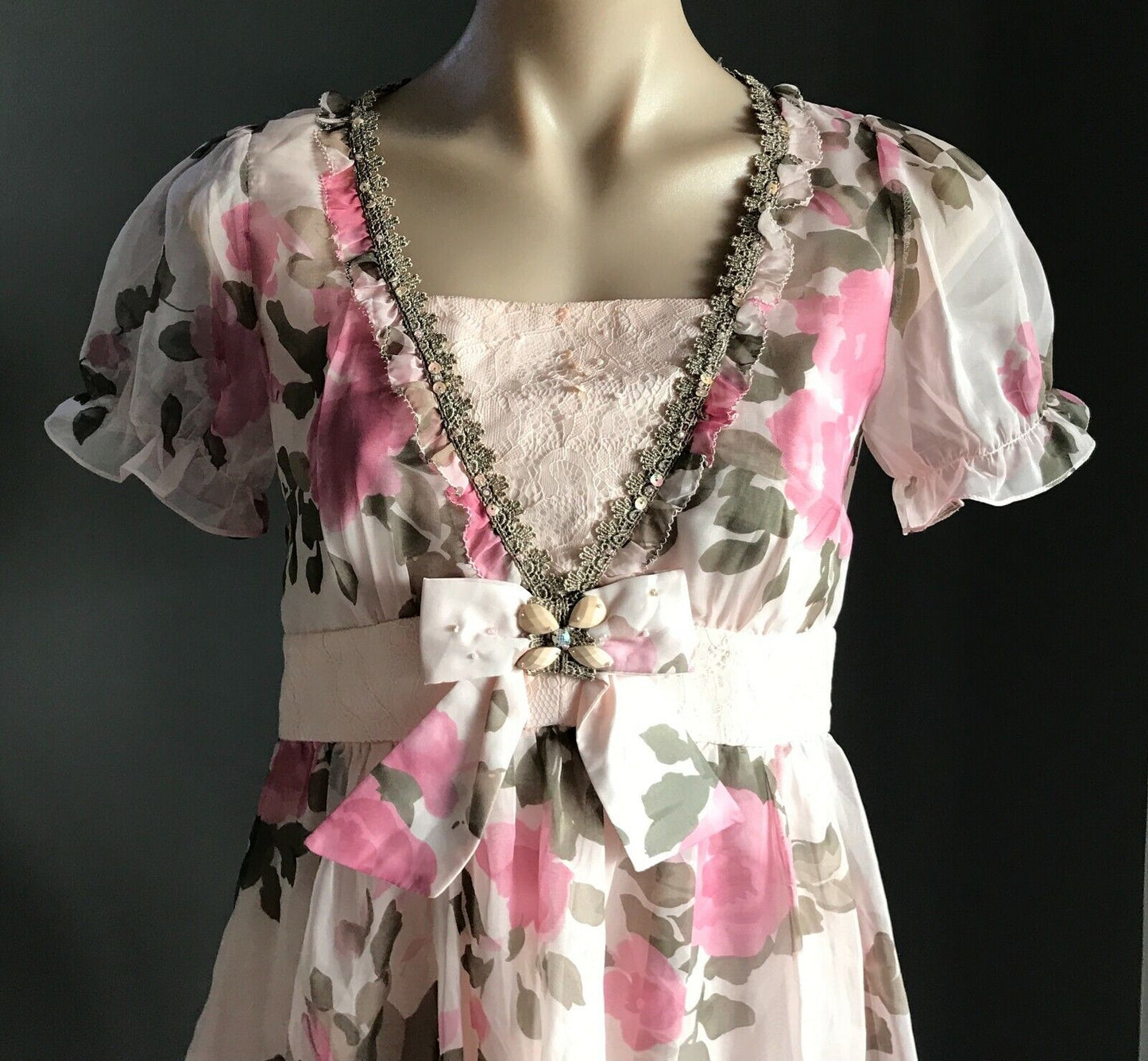 ANNA LICE Dress Pink Floral Short Sleeve Sheath Lace & Sequin Trim Size S 10 NEW