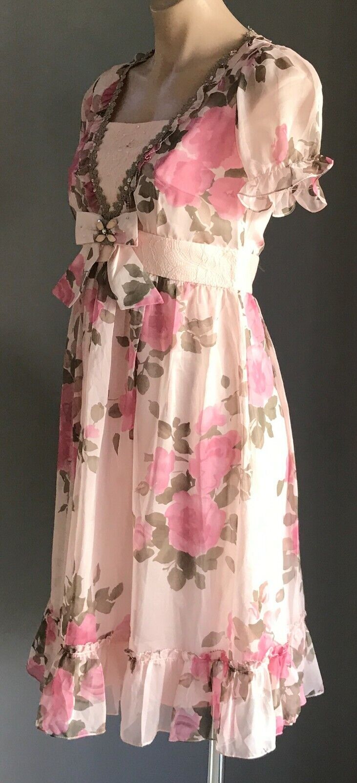 ANNA LICE Dress Pink Floral Short Sleeve Sheath Lace & Sequin Trim Size S 10 NEW