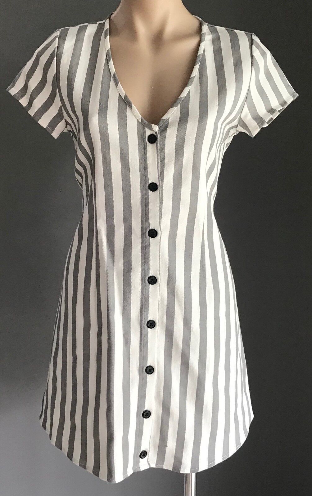 TOBY HEART GINGER "Old Havana" Mini Dress Grey White Stripe Size M 10 NEW