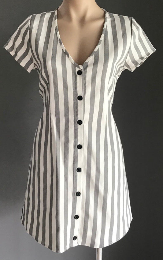 TOBY HEART GINGER "Old Havana" Mini Dress Grey White Stripe Size M 10 NEW