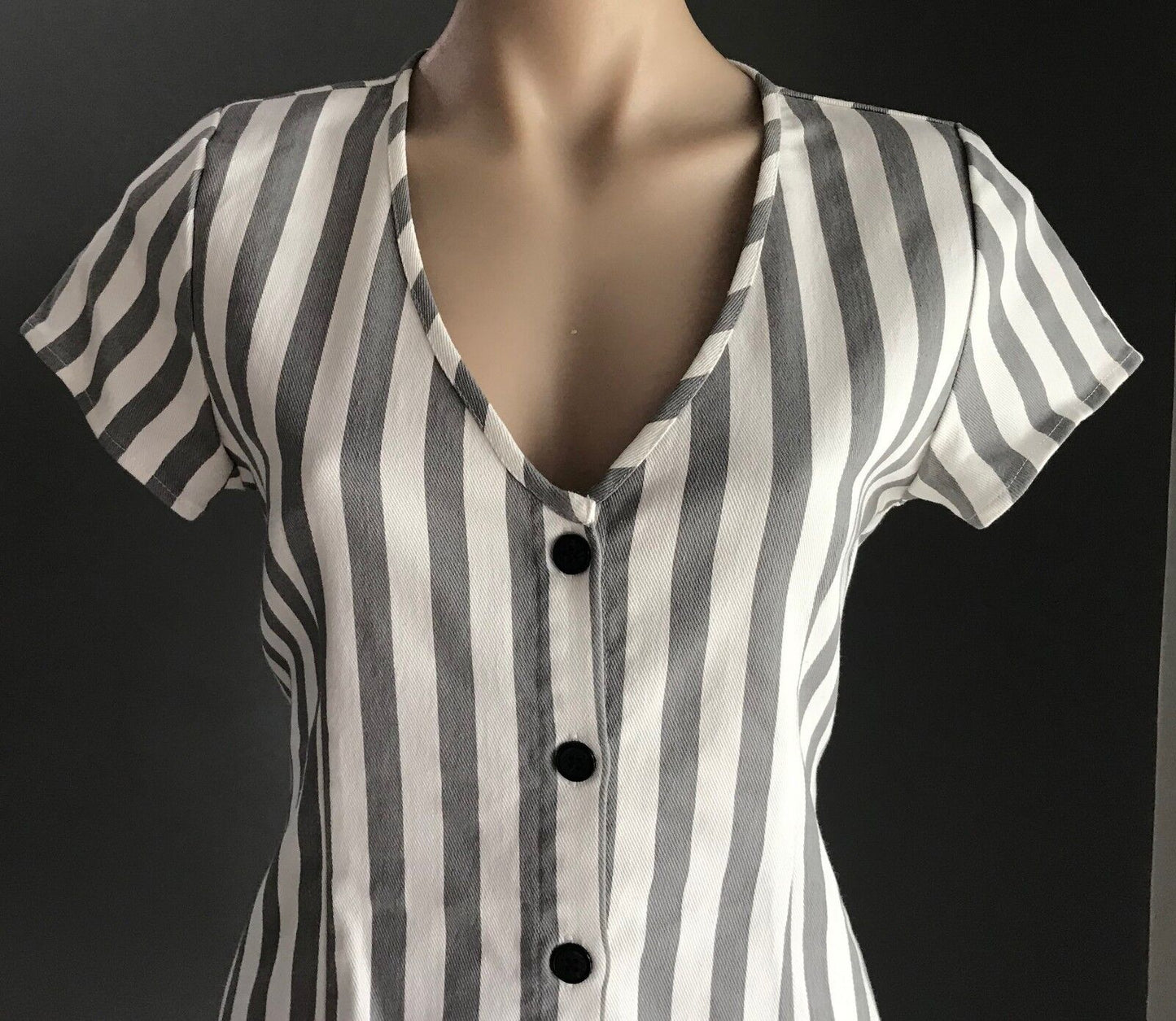 TOBY HEART GINGER "Old Havana" Mini Dress Grey White Stripe Size M 10 NEW