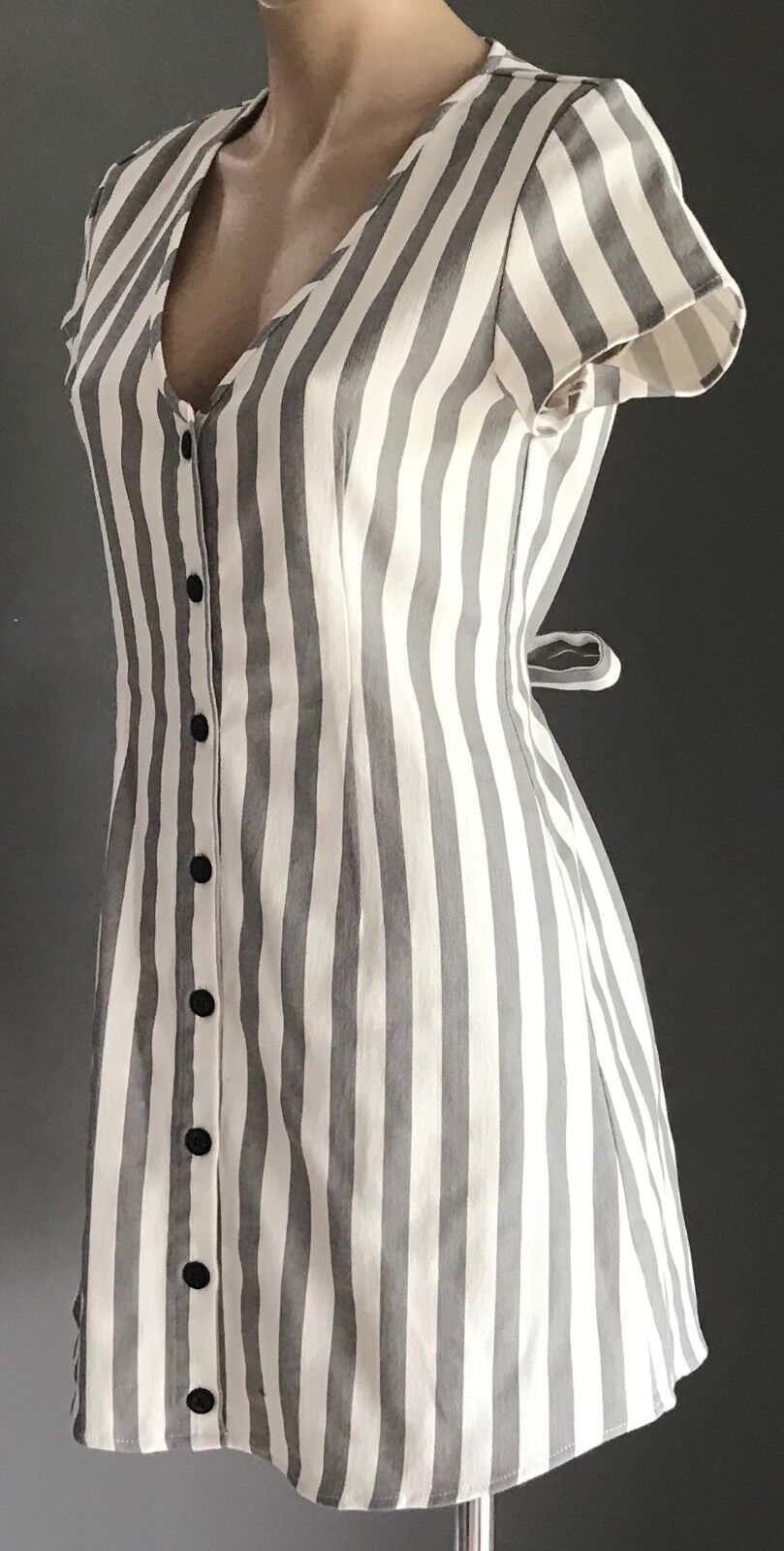 TOBY HEART GINGER "Old Havana" Mini Dress Grey White Stripe Size M 10 NEW