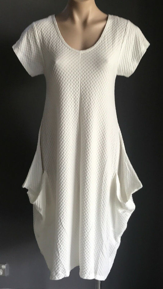 AHIMSA Tunic Dress White Textured Fabric Short Sleeve Internal Ties Sz S 10