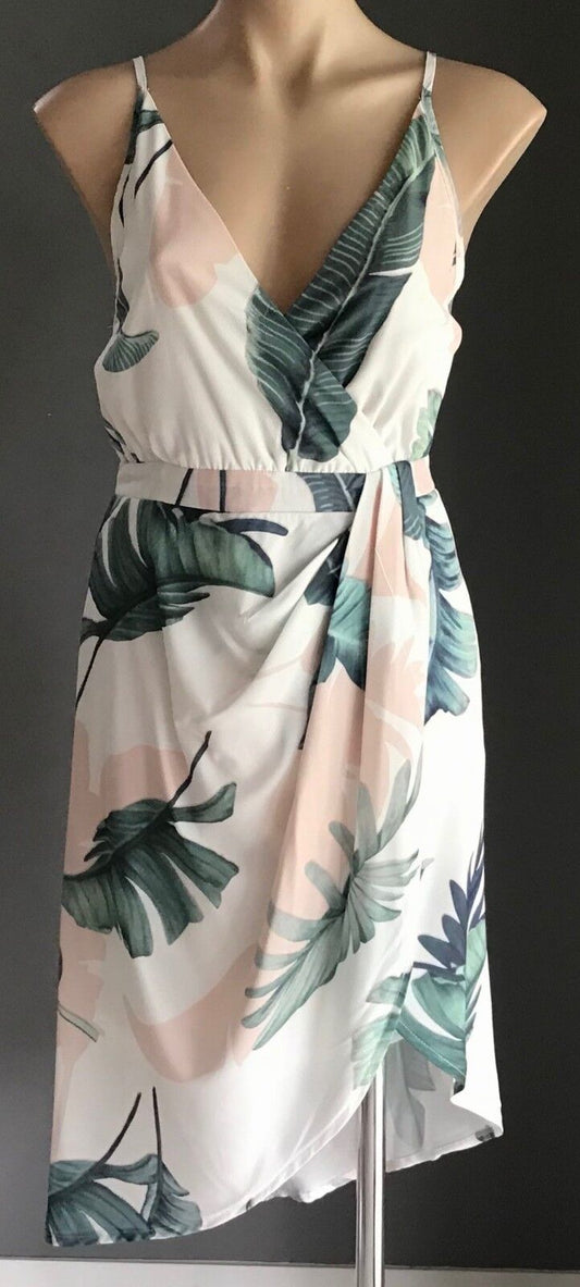 Sleeveless Drape Dress White Green & Pink Botanical Floral Print Ladies Size 10