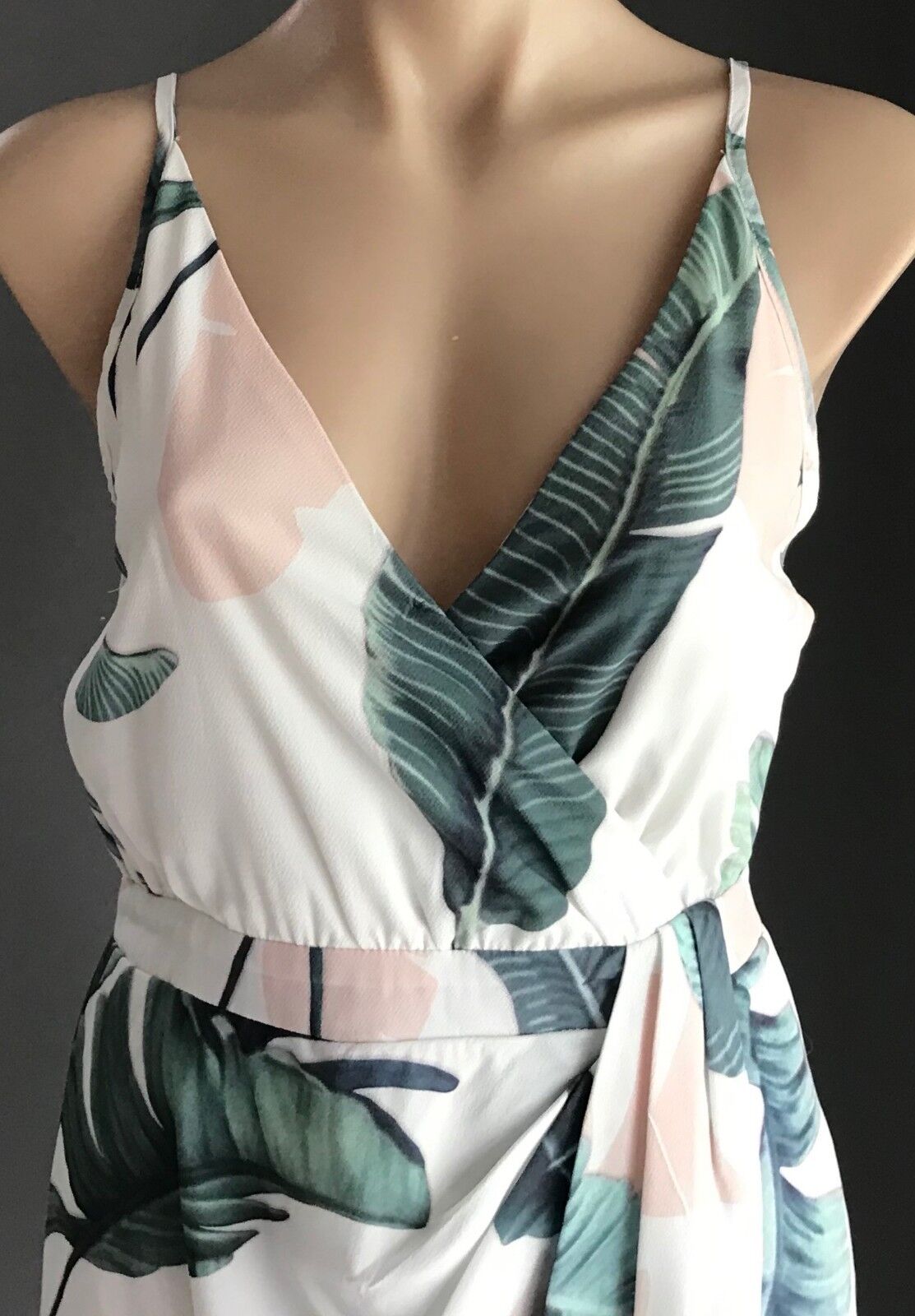 Sleeveless Drape Dress White Green & Pink Botanical Floral Print Ladies Size 10