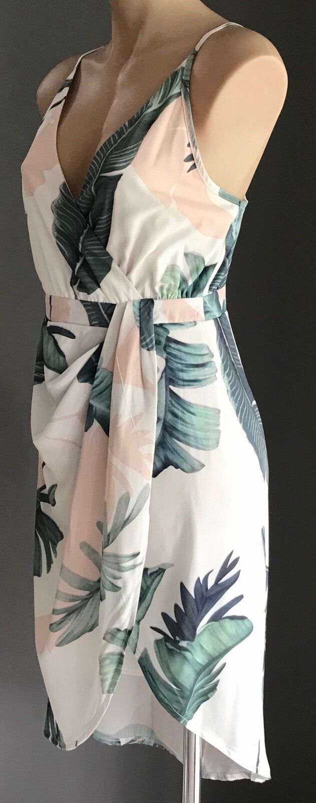 Sleeveless Drape Dress White Green & Pink Botanical Floral Print Ladies Size 10