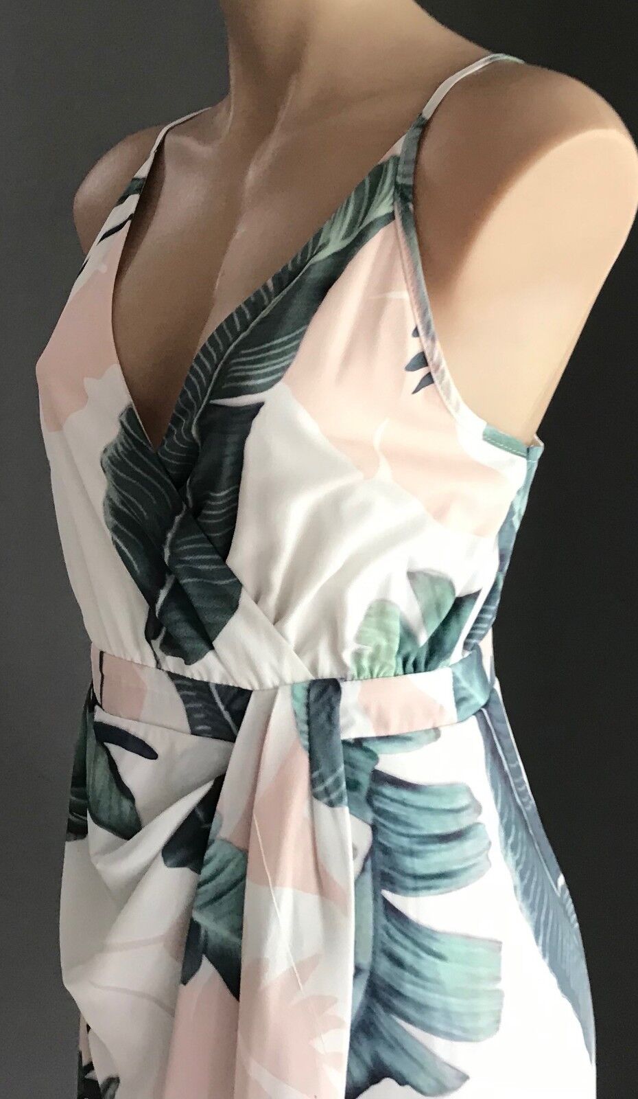 Sleeveless Drape Dress White Green & Pink Botanical Floral Print Ladies Size 10