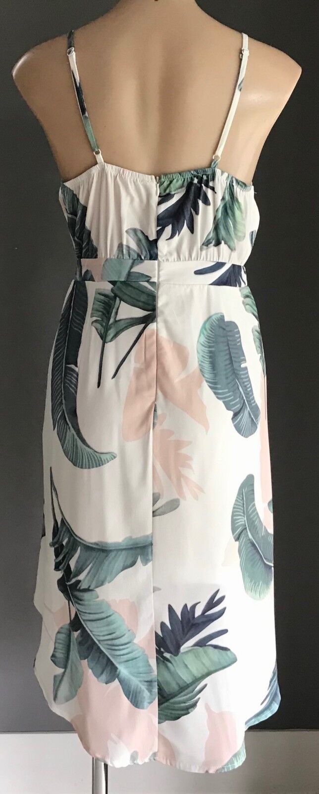 Sleeveless Drape Dress White Green & Pink Botanical Floral Print Ladies Size 10