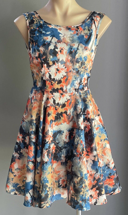 MISS CHERRY A-Line Tea Dress Floral Sleeveless Size 8 10 Retro 1950s Vibe!