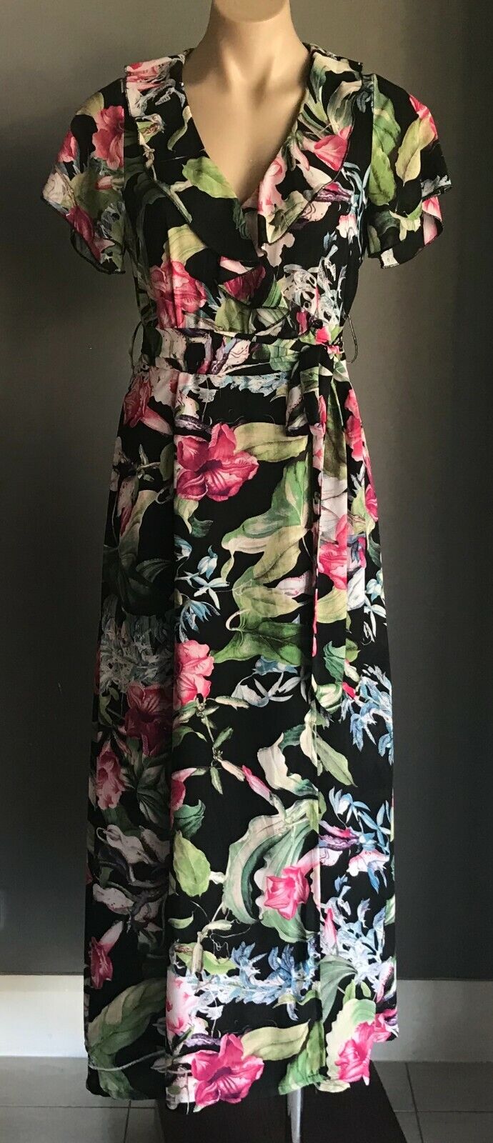 CHASING KATE by ST FROCK Maxi Dress Wrap Size 10 Ruffle Trim Floral Print