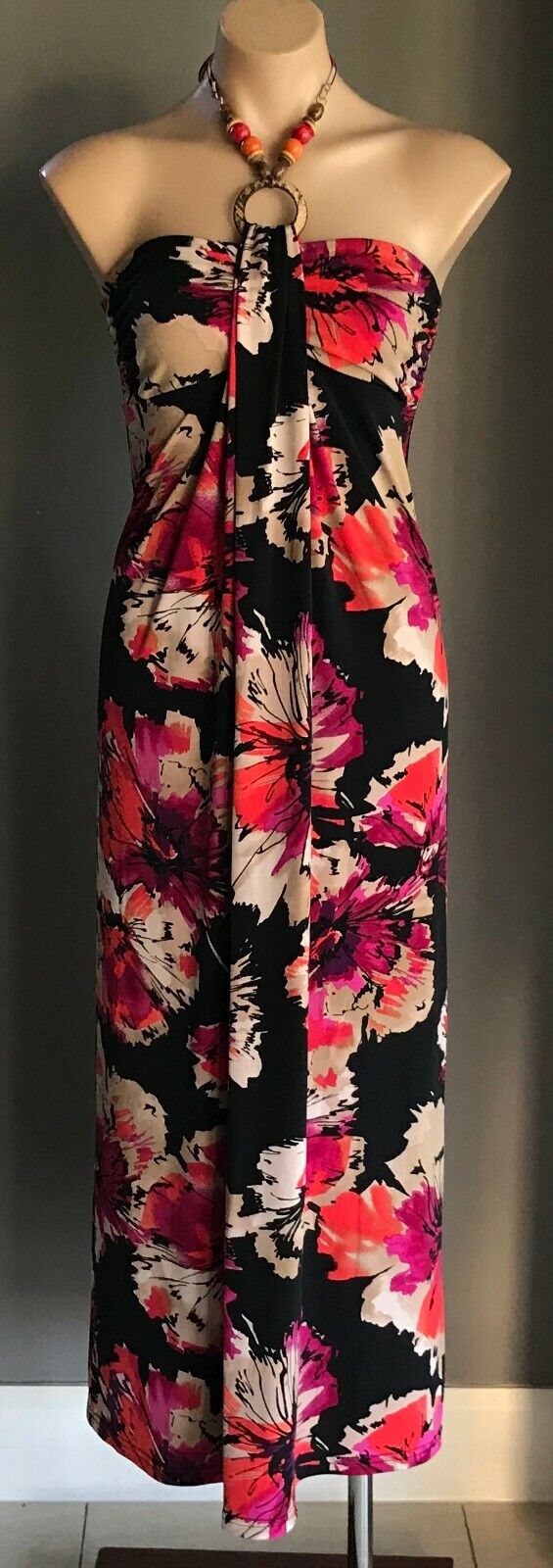 POSTIE FASHIONS Maxi Dress Floral Print Sleeveless Halter Neck Ladies Size 10