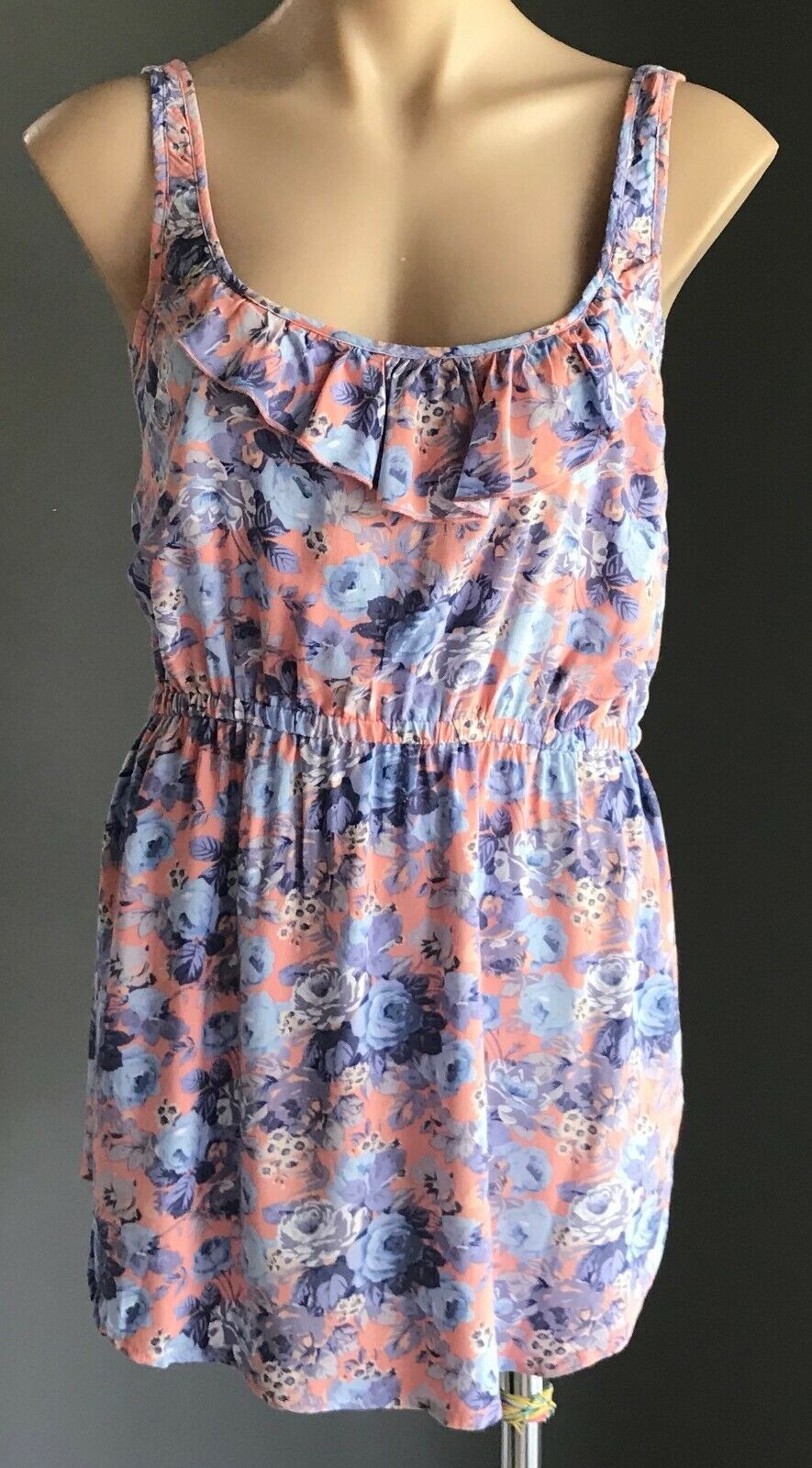 DRESS ME UP Mini Dress Coral Red Blue Floral Elastic Waist Size S 10 NEW Sun