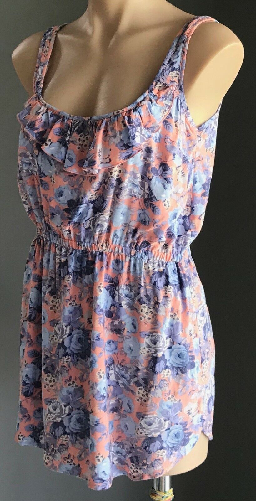 DRESS ME UP Mini Dress Coral Red Blue Floral Elastic Waist Size S 10 NEW Sun