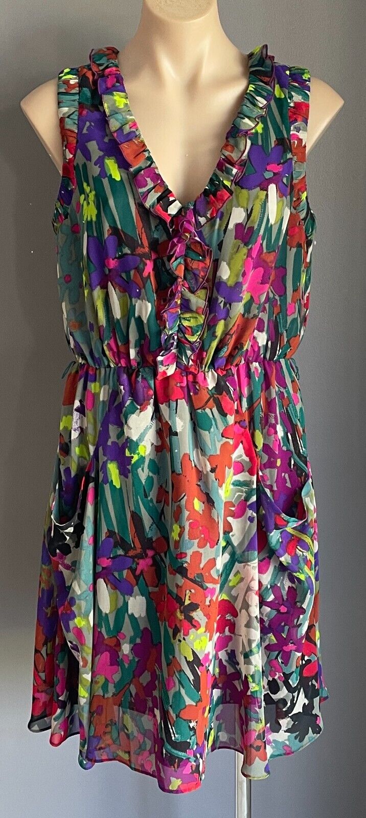 NINE &CO Watercolour Print Sleeveless Ruffle Trim Elastic Waist Dress Size 10