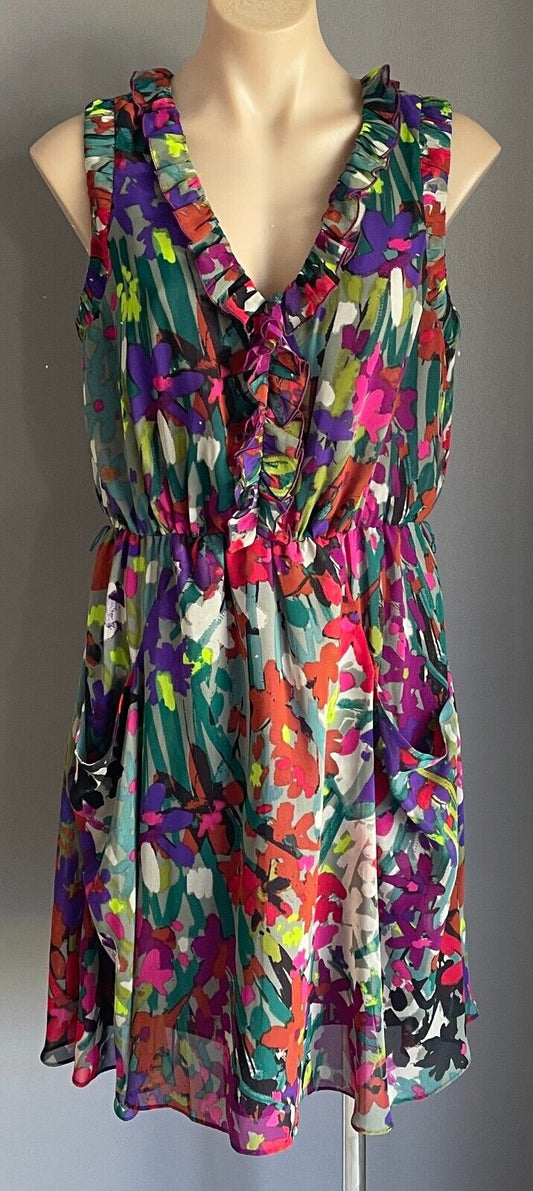 NINE &CO Watercolour Print Sleeveless Ruffle Trim Elastic Waist Dress Size 10