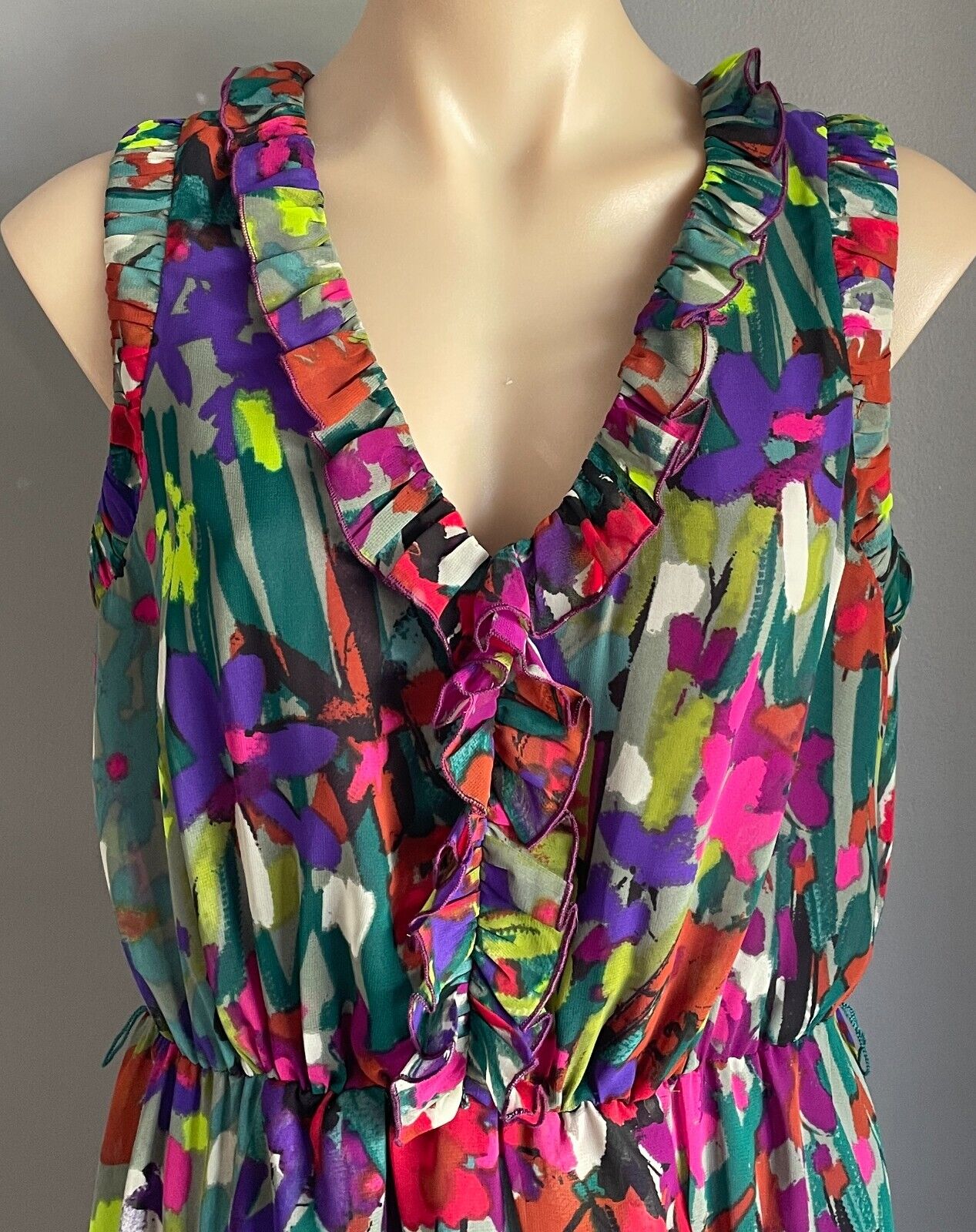 NINE &CO Watercolour Print Sleeveless Ruffle Trim Elastic Waist Dress Size 10