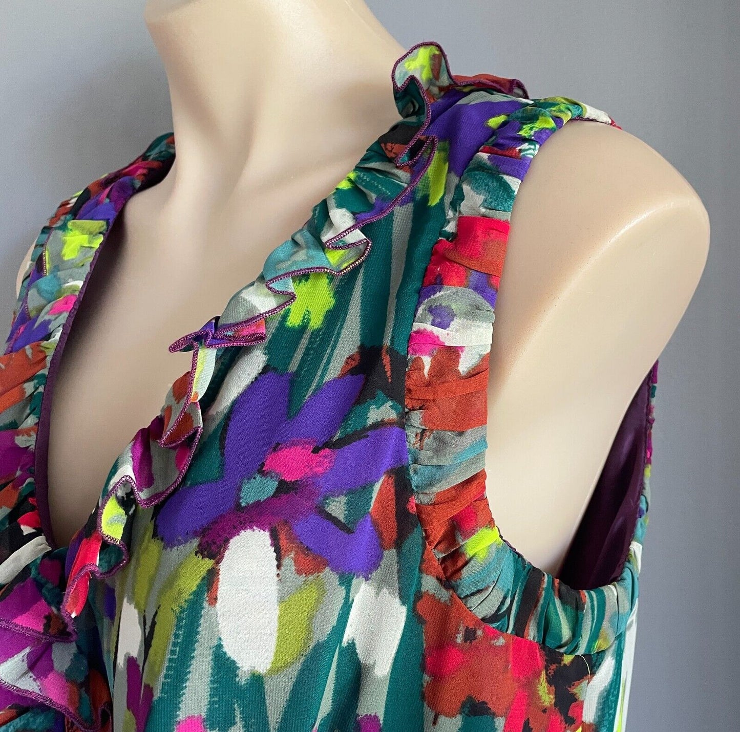 NINE &CO Watercolour Print Sleeveless Ruffle Trim Elastic Waist Dress Size 10
