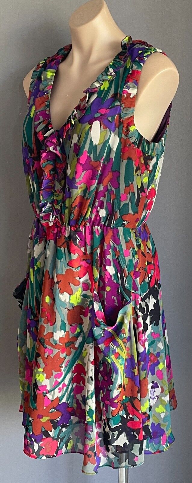 NINE &CO Watercolour Print Sleeveless Ruffle Trim Elastic Waist Dress Size 10
