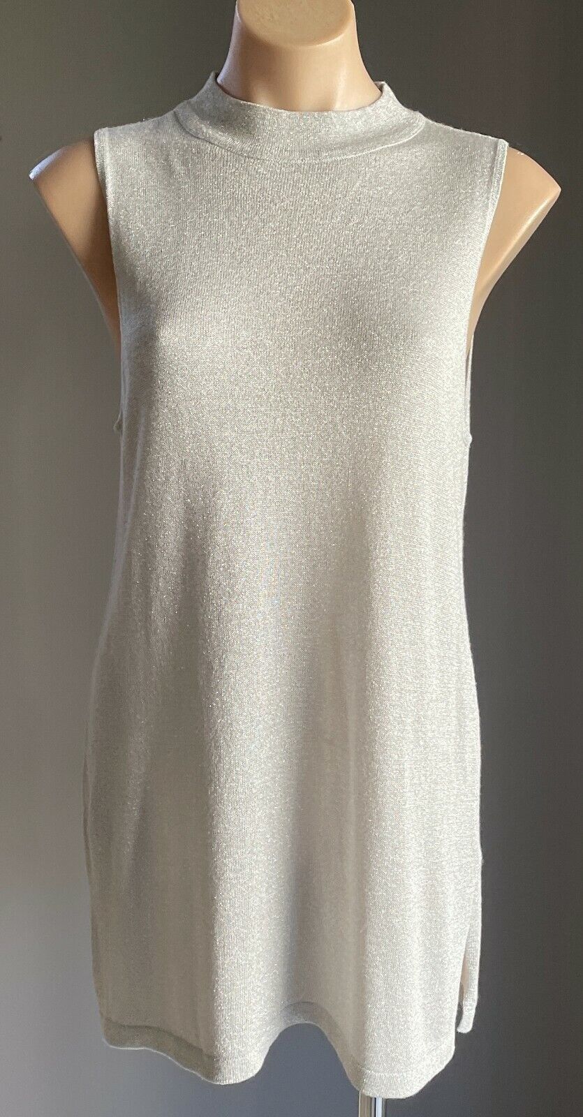 TOKITO Stretch Top Silver Glitter Sleeveless High Neck Blouse Size 16