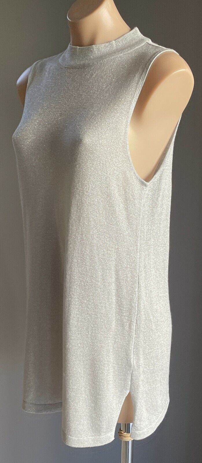 TOKITO Stretch Top Silver Glitter Sleeveless High Neck Blouse Size 16