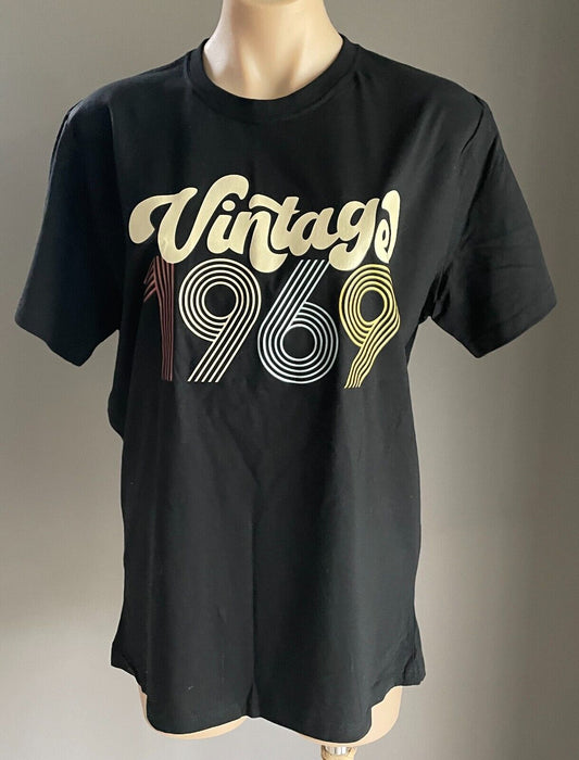 Vintage 1969 T-Shirt Front Print Black Top Size 16 Birthday Year Gift Tee NEW