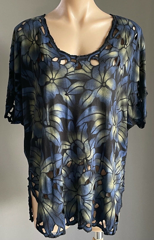 METANA Top Blue Black Khaki Cap Sleeve Floral Print Blouse Cutouts Sz XXL 14 16