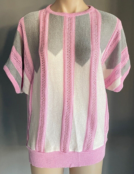ARC Sydney Knit  Top  Mauve Pink Grey White Short Sleeve Sweater Size 16 Vintage