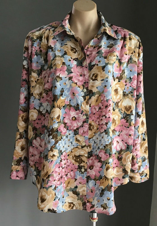 STUDIO DESIGN Blouse Long Sleeve Floral Print Top Shoulder Pads Ladies Size 16