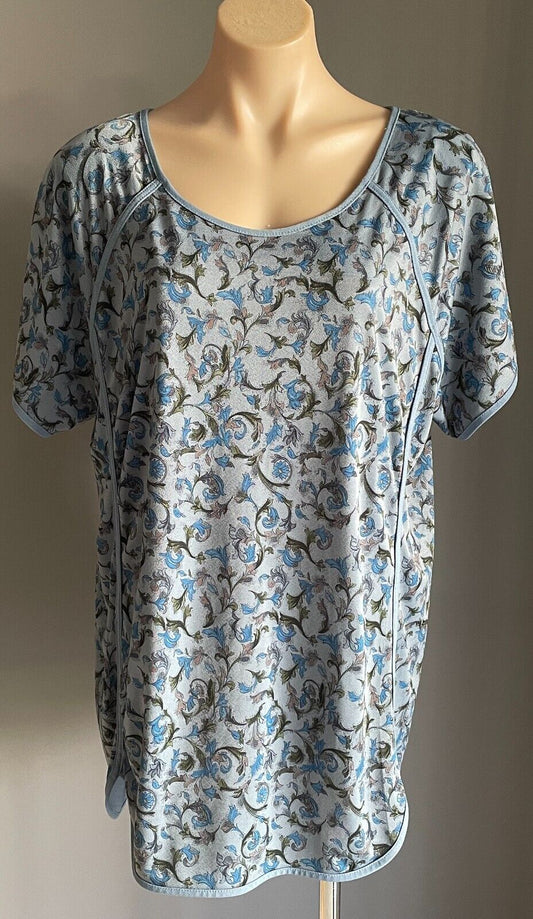 SES Top Stretch Shades of Blue Khaki Brown Black Floral Short Sleeve Size 16
