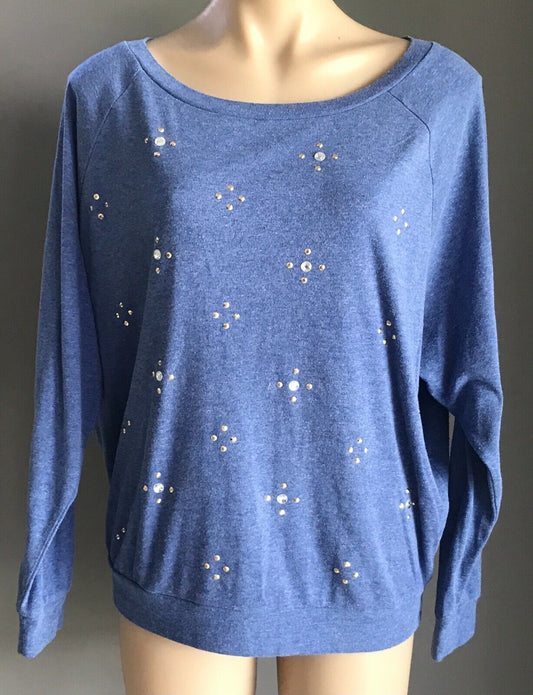 NOW Top Blue Wash Long Sleeve Blouse w Stud & Crystal Trim Ladies Plus Size 16