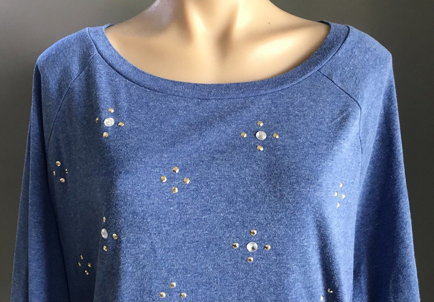 NOW Top Blue Wash Long Sleeve Blouse w Stud & Crystal Trim Ladies Plus Size 16