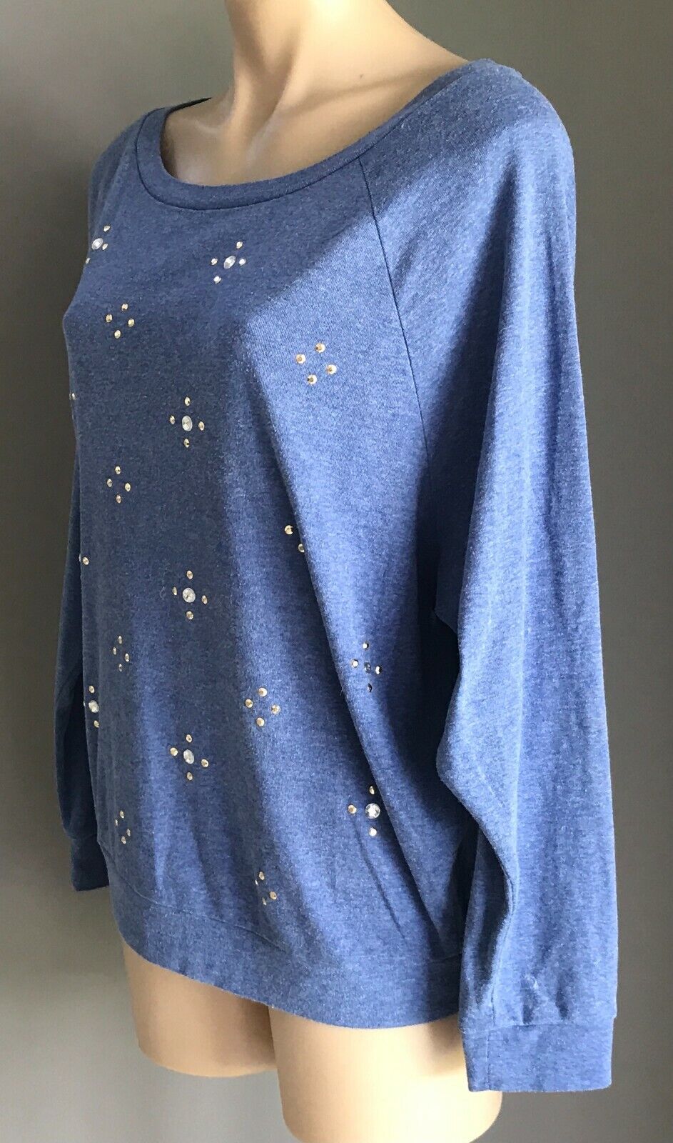 NOW Top Blue Wash Long Sleeve Blouse w Stud & Crystal Trim Ladies Plus Size 16