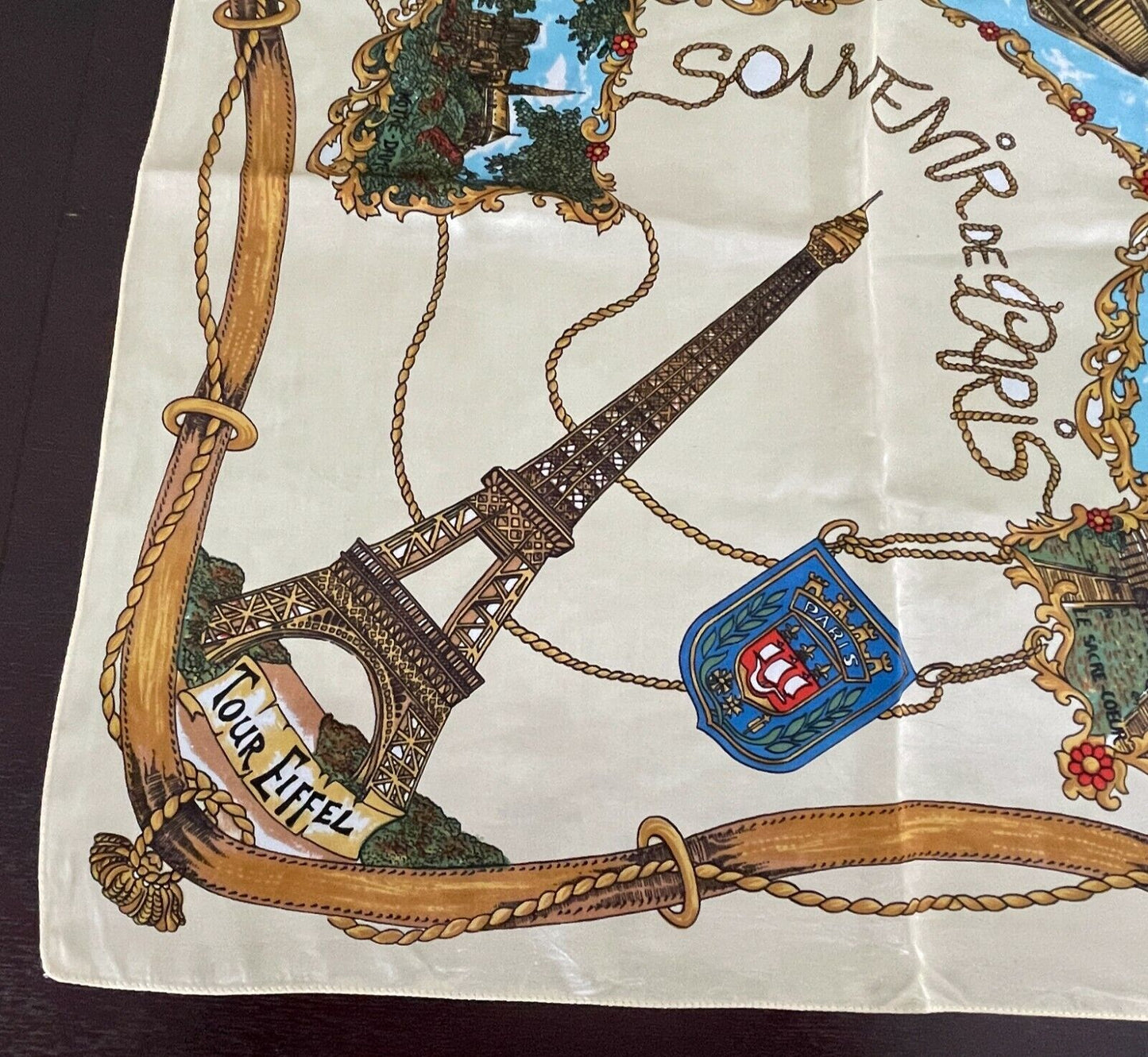 Neck SCARF SOUVENIR DE PARIS Gold Poly Satin Notre Dame Eiffel Versailles 67 cm