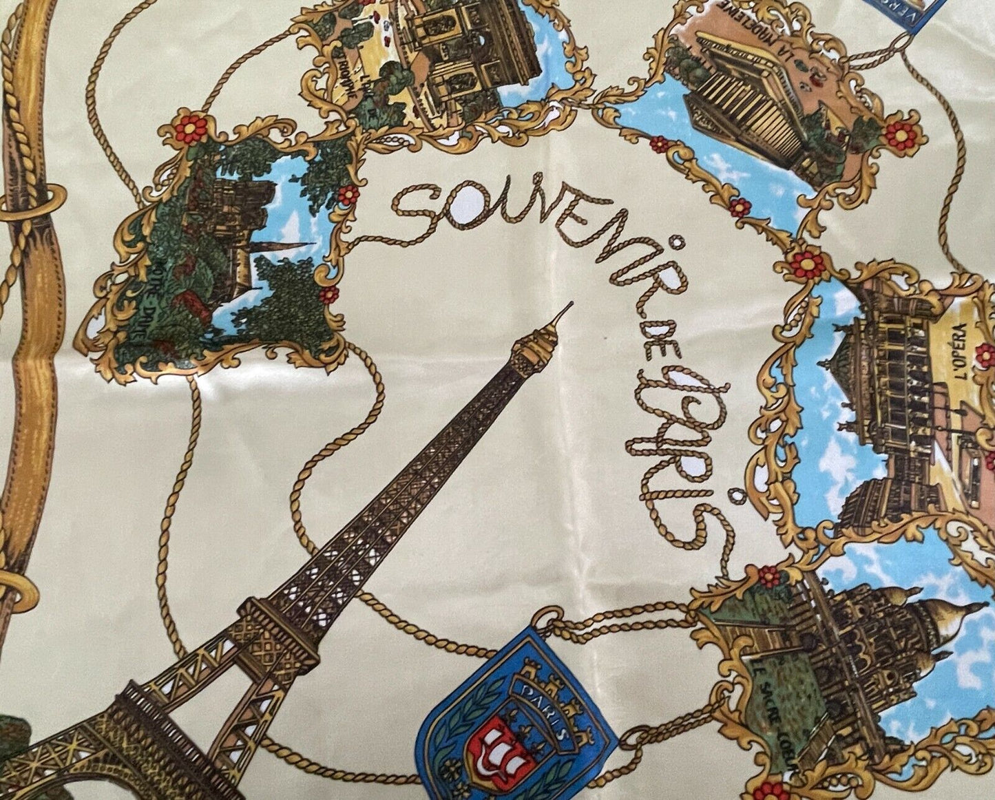 Neck SCARF SOUVENIR DE PARIS Gold Poly Satin Notre Dame Eiffel Versailles 67 cm