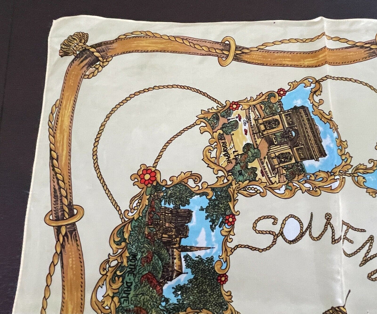 Neck SCARF SOUVENIR DE PARIS Gold Poly Satin Notre Dame Eiffel Versailles 67 cm