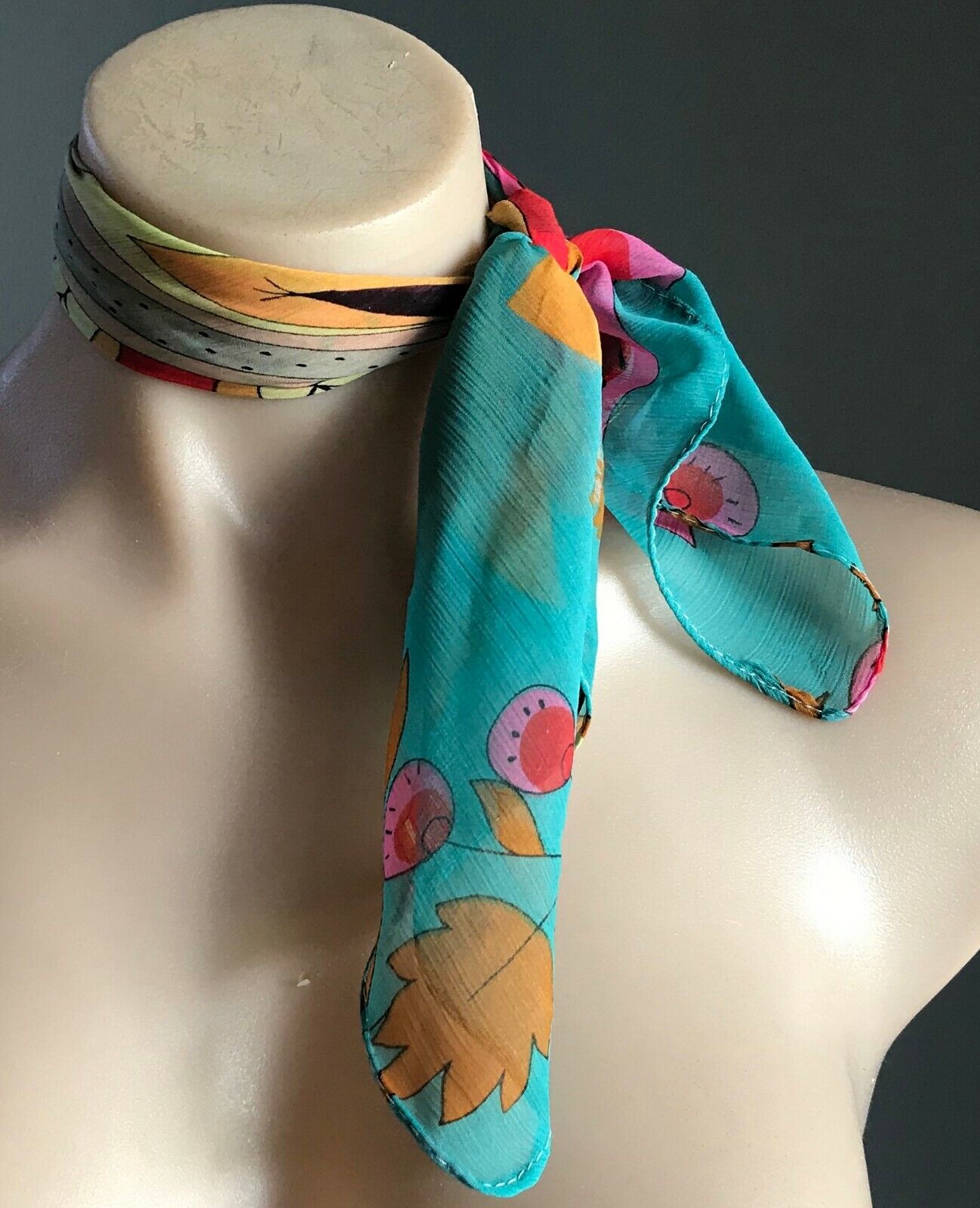 Neck SCARF Neckerchief Square Semi Sheer Bright MultiColoured Floral Teal 48cm