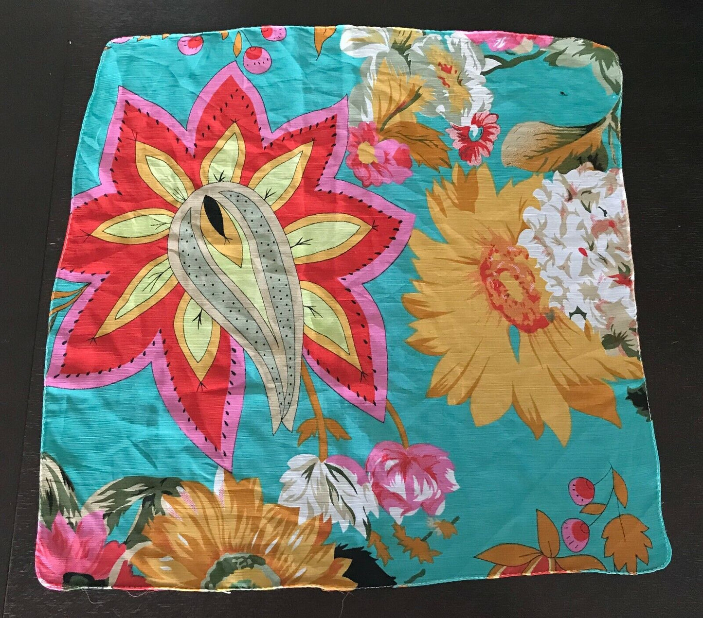Neck SCARF Neckerchief Square Semi Sheer Bright MultiColoured Floral Teal 48cm