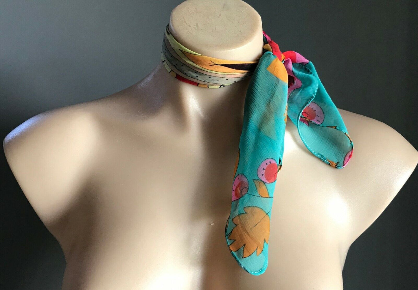 Neck SCARF Neckerchief Square Semi Sheer Bright MultiColoured Floral Teal 48cm