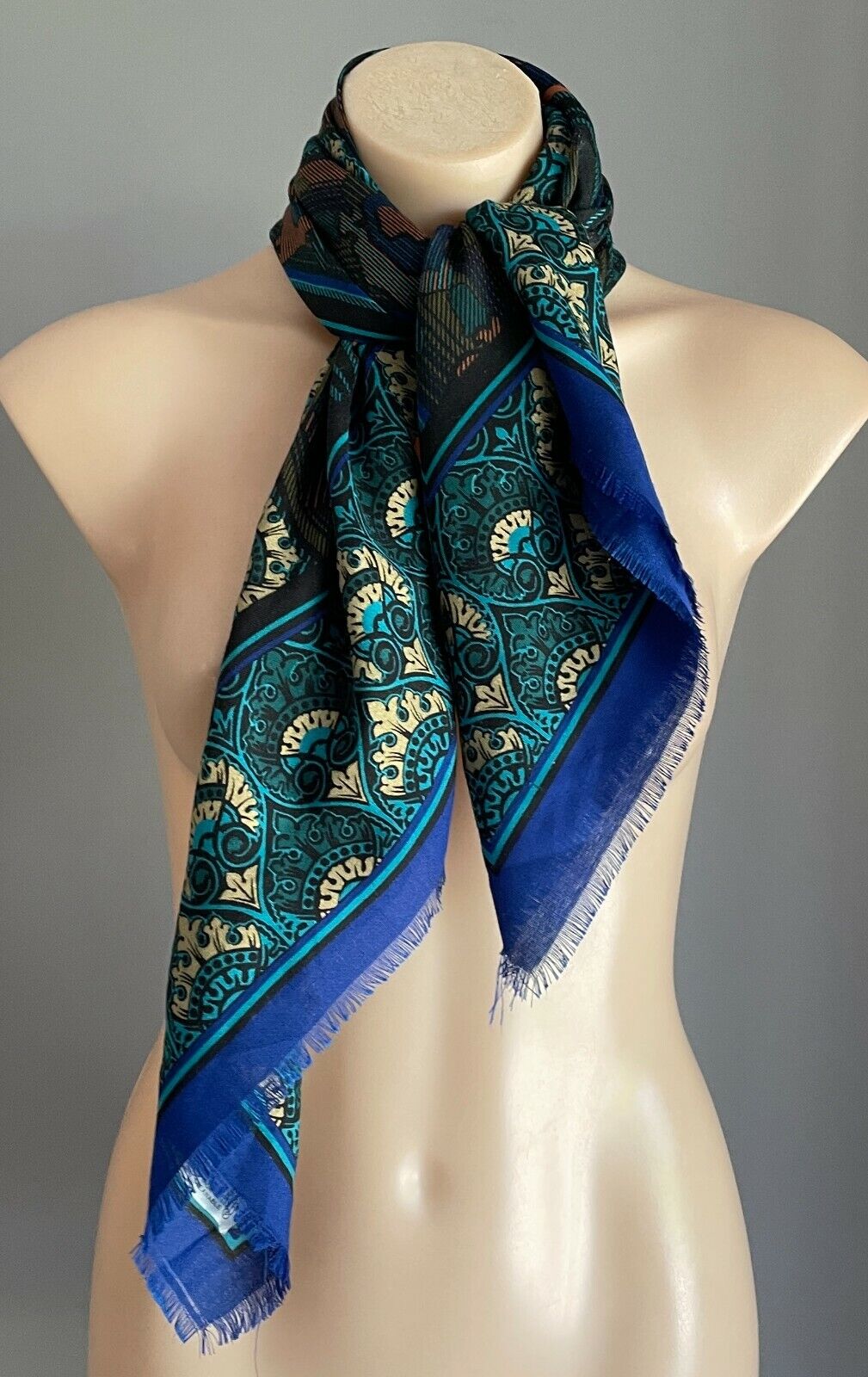 Neck SCARF Italian Square Blue Green Black Gold Brown Multi Print Fringe NEW