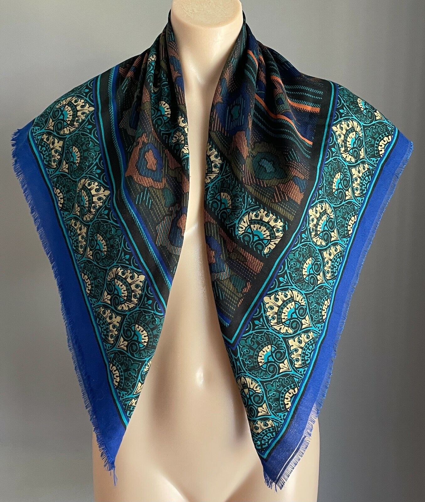 Neck SCARF Italian Square Blue Green Black Gold Brown Multi Print Fringe NEW