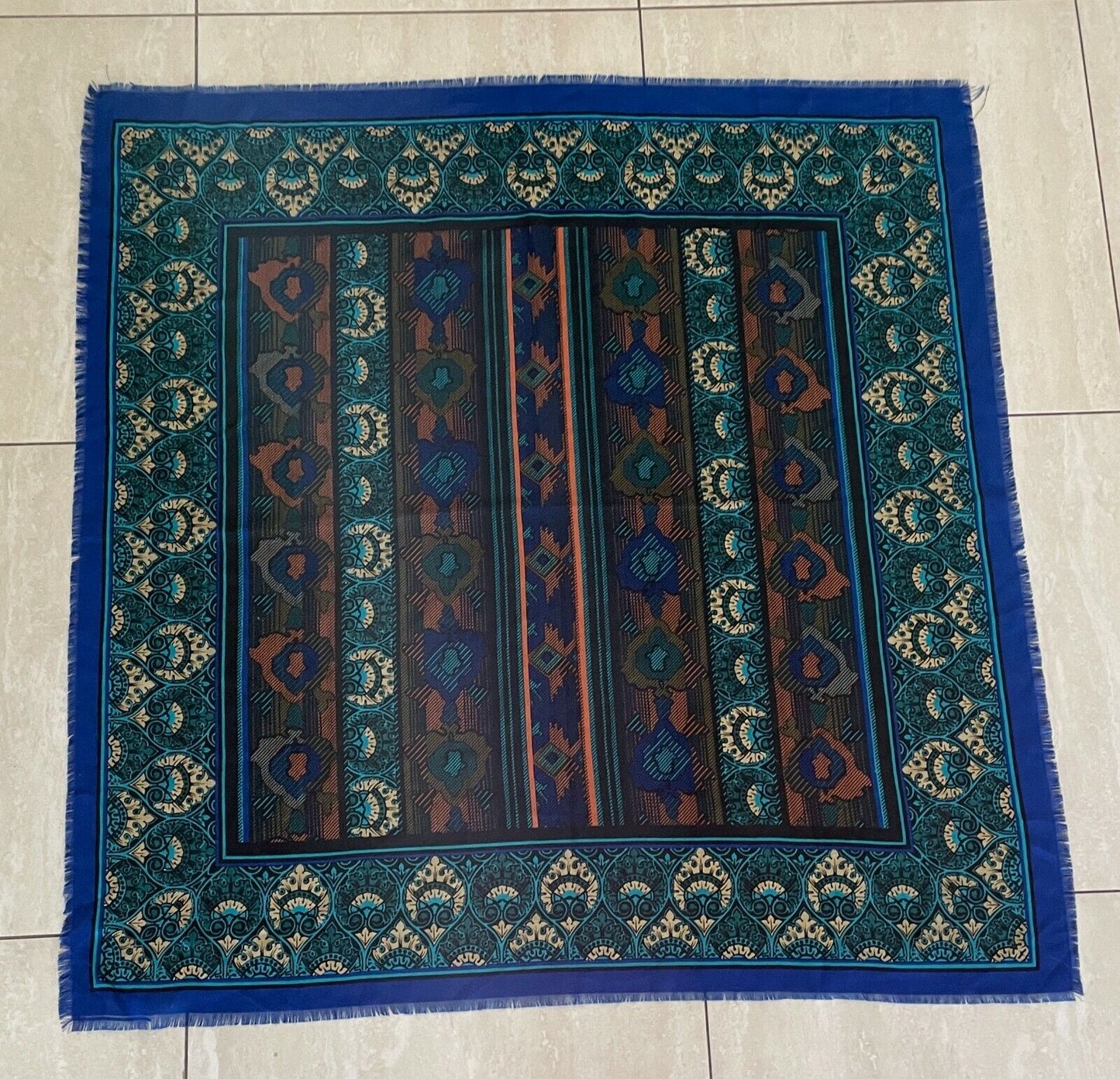 Neck SCARF Italian Square Blue Green Black Gold Brown Multi Print Fringe NEW