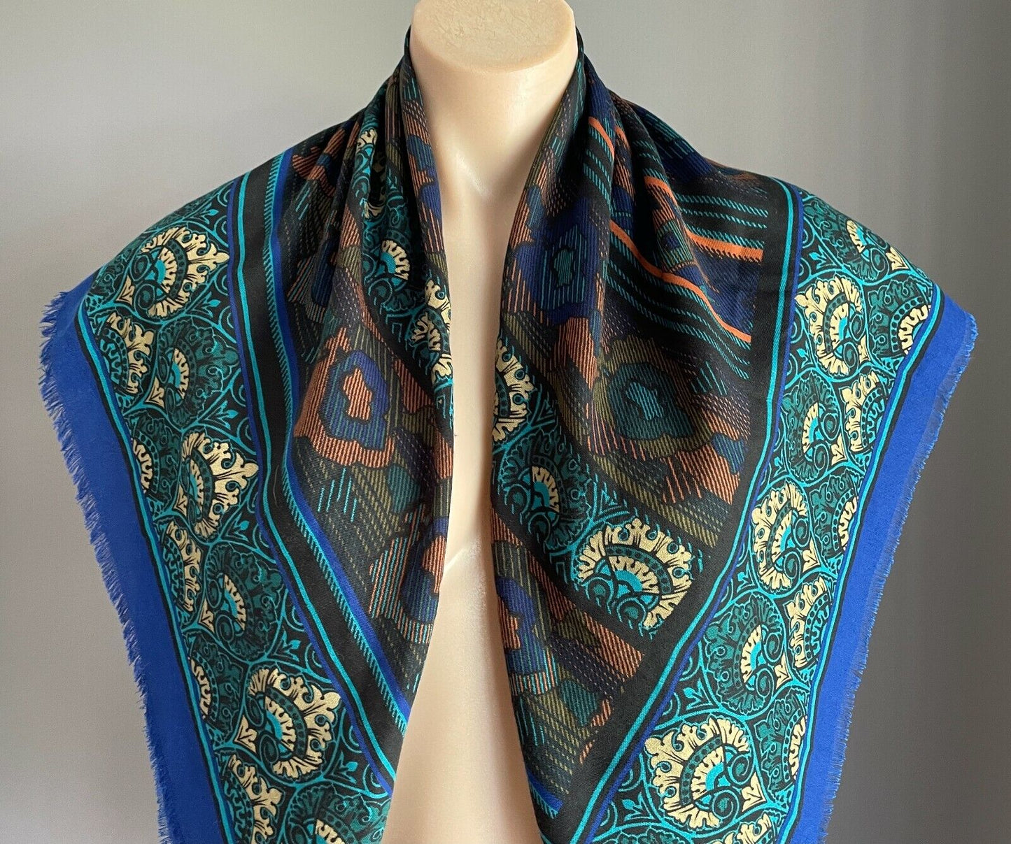 Neck SCARF Italian Square Blue Green Black Gold Brown Multi Print Fringe NEW