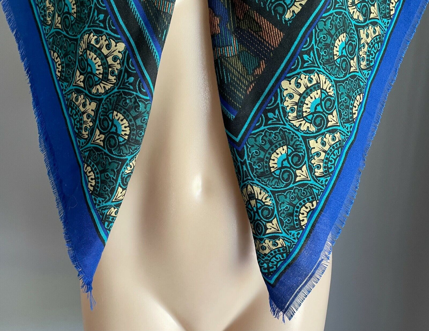 Neck SCARF Italian Square Blue Green Black Gold Brown Multi Print Fringe NEW